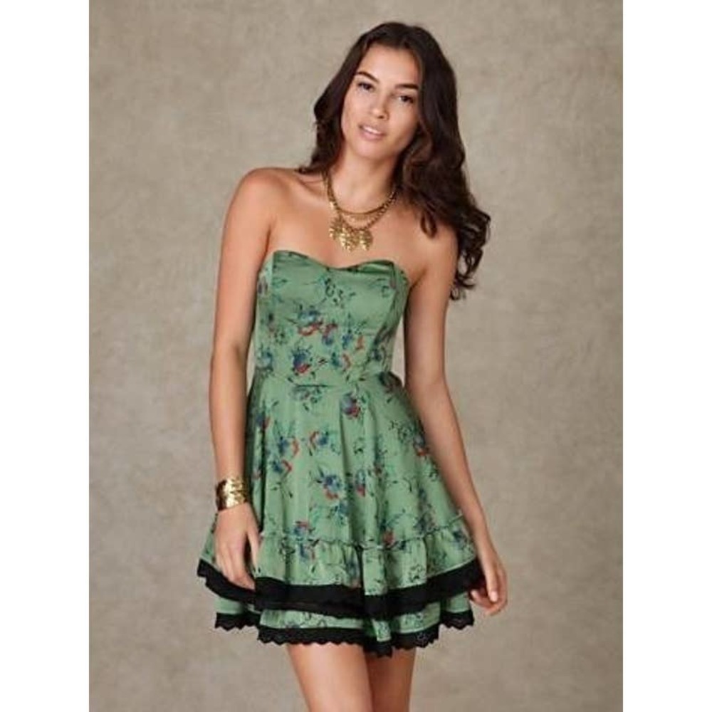 Free People Y2K Green Floral Satin Sweetheart Strapless Dress Size 10